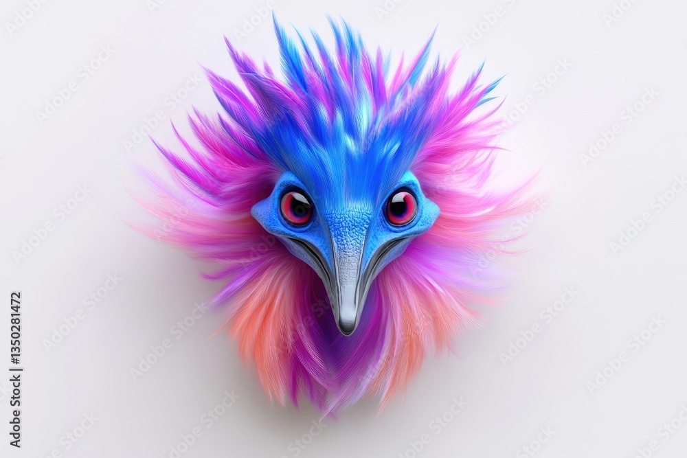 Obraz premium Vibrant, stylized bird head, showcasing a blend of bright, colorful plumage. Intricate details and bold hues create a captivating, fantastical creature