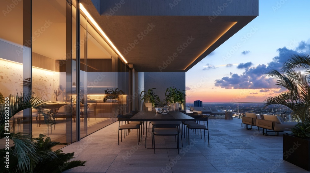 Fototapeta premium Outdoor terrace with dining table, warm-toned lighting, and soft glow of the evening sky
