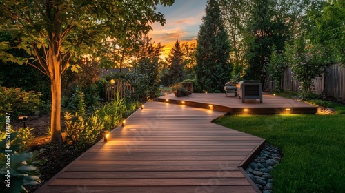 Inviting backyard deck with soft solar path lights and the fading light of an orange sunset