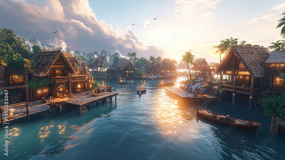 Fototapeta premium Tropical Village Sunset, Water Village, Island Life