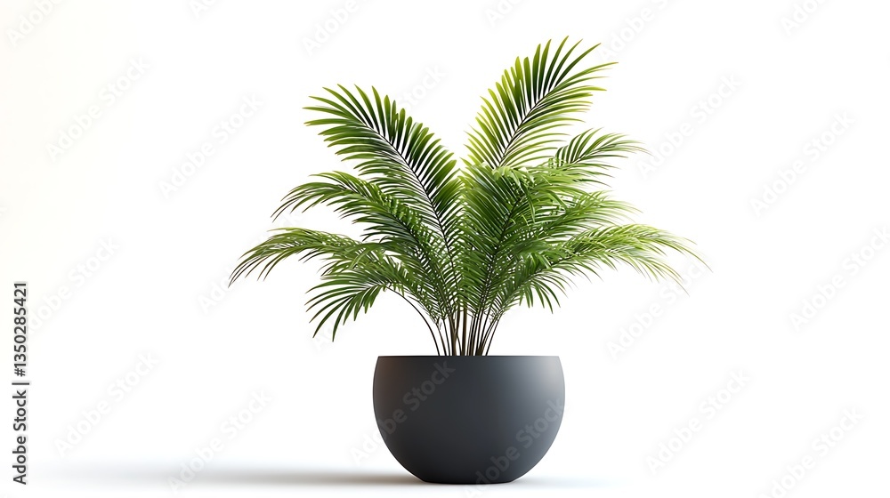 Lush green palm plant in a round dark gray pot, isolated on white background. Lush green palm plant in a round dark gray pot, isolated on white background.