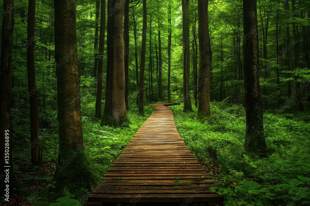A serene forest path with towering beech trees and a weathered wooden boardwalk under a verdant canopy A serene forest path with towering beech trees and a weathered wooden boardwalk under a verdant canopy