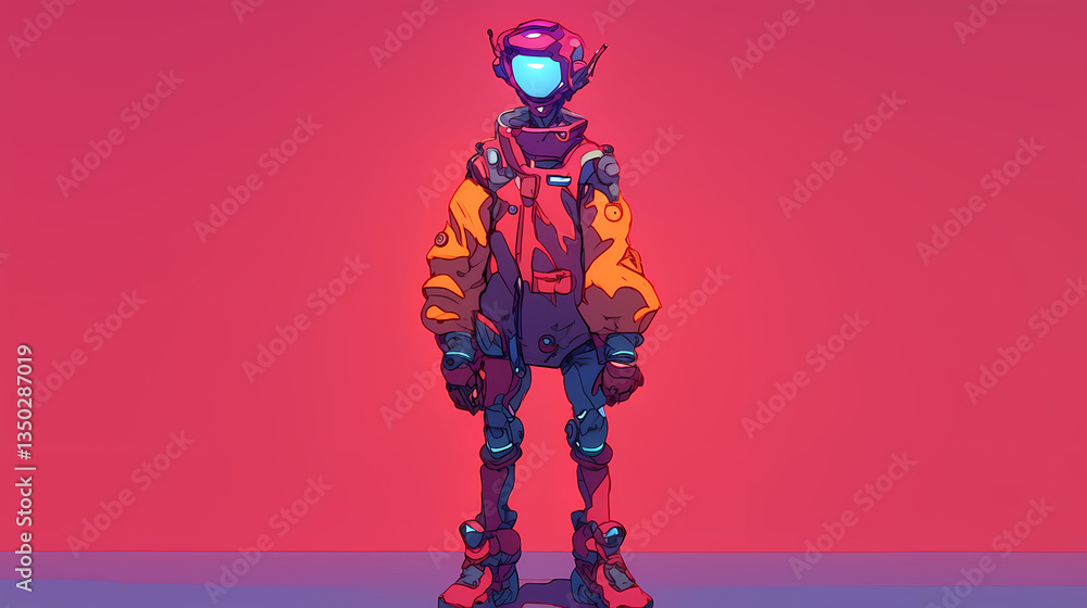 Futuristic humanoid robot in vibrant attire stands against a bold pink backdrop, showcasing advanced design Futuristic humanoid robot in vibrant attire stands against a bold pink backdrop, showcasing advanced design