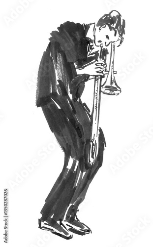 Photography Hand-drawn French horn player – black ink illustration of jazz musician with hor