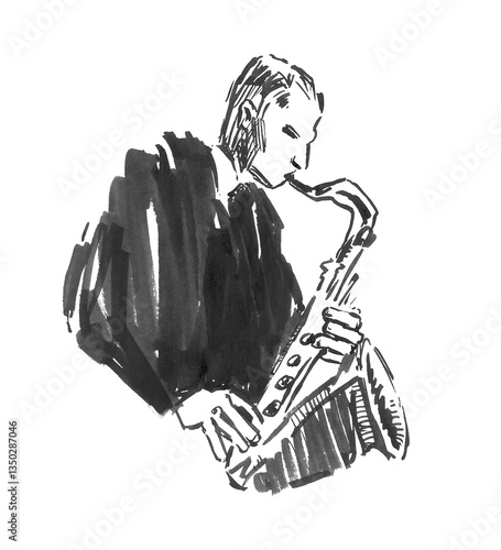 Canvas Print Hand-drawn trumpet player – black ink illustration of jazz musician playing trum