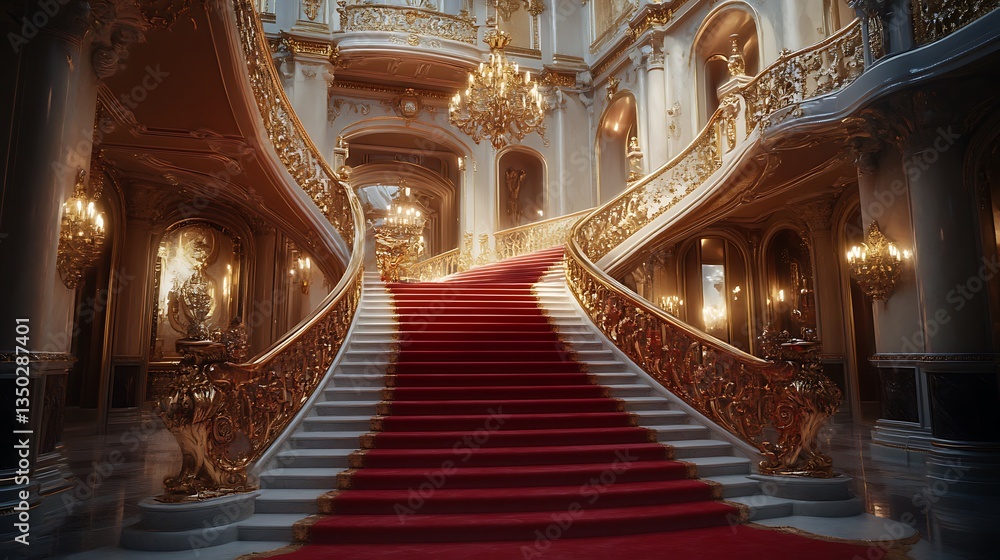Obraz premium Grand palace interior with opulent staircase, red carpet, gold railings, and chandeliers.