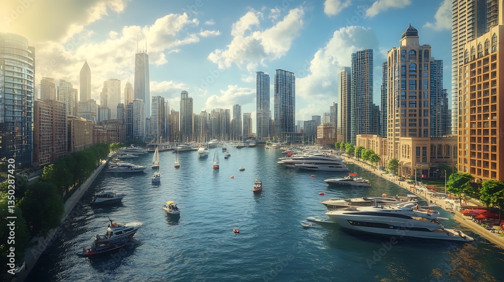 Obraz premium Sunny cityscape with harbor, yachts, and skyscrapers.