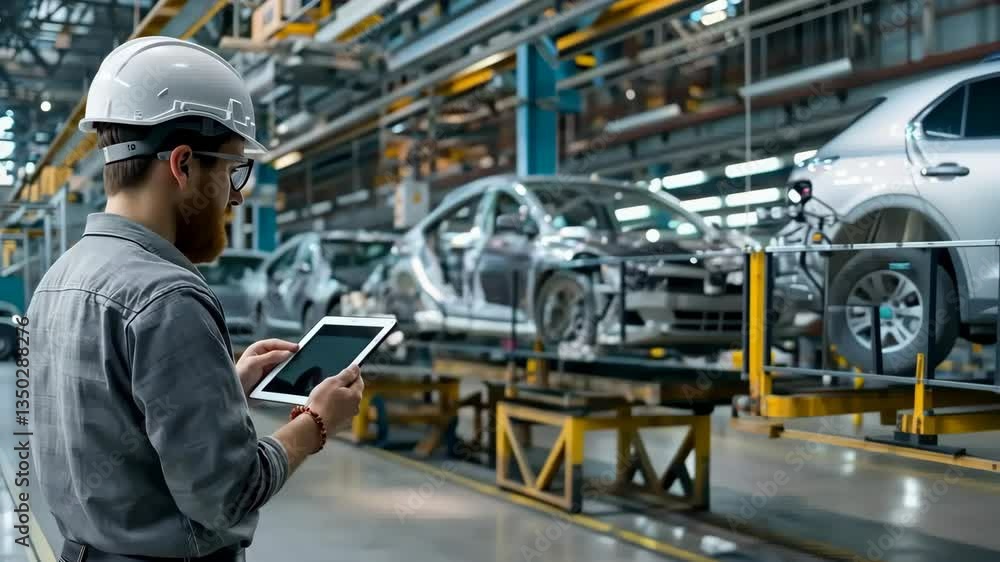 A skilled engineer utilizes a tablet to monitor and manage automotive assembly processes on the factory floor, showcasing the intersection of technology and mechanical engineering. A skilled engineer utilizes a tablet to monitor and manage automotive assembly processes on the factory floor, showcasing the intersection of technology and mechanical engineering.