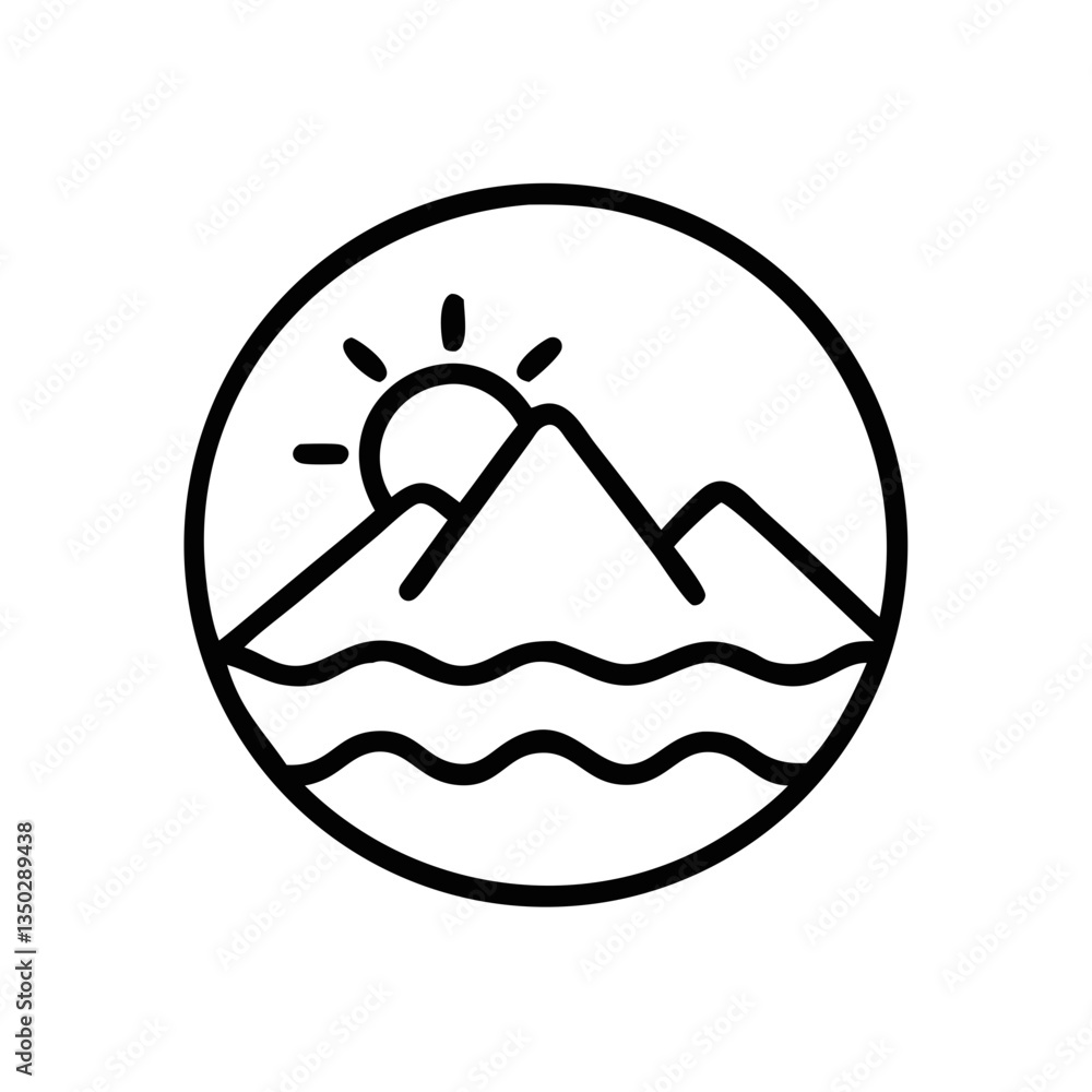 Minimalist mountain landscape with sun and waves Minimalist mountain landscape with sun and waves