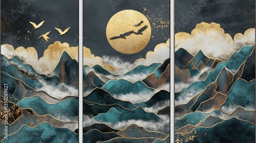 A 3 piece canvas wall art set with golden turquoise blue and black colored mountains, birds, clouds, and a golden sun in 3D landscape.