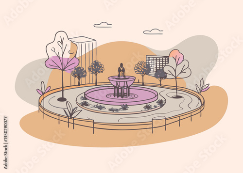 Tranquil City Park Fountain with Surrounding Trees