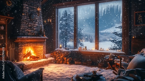 Cozy cabin interior with fireplace, snow falling outside large windows, winter scene.