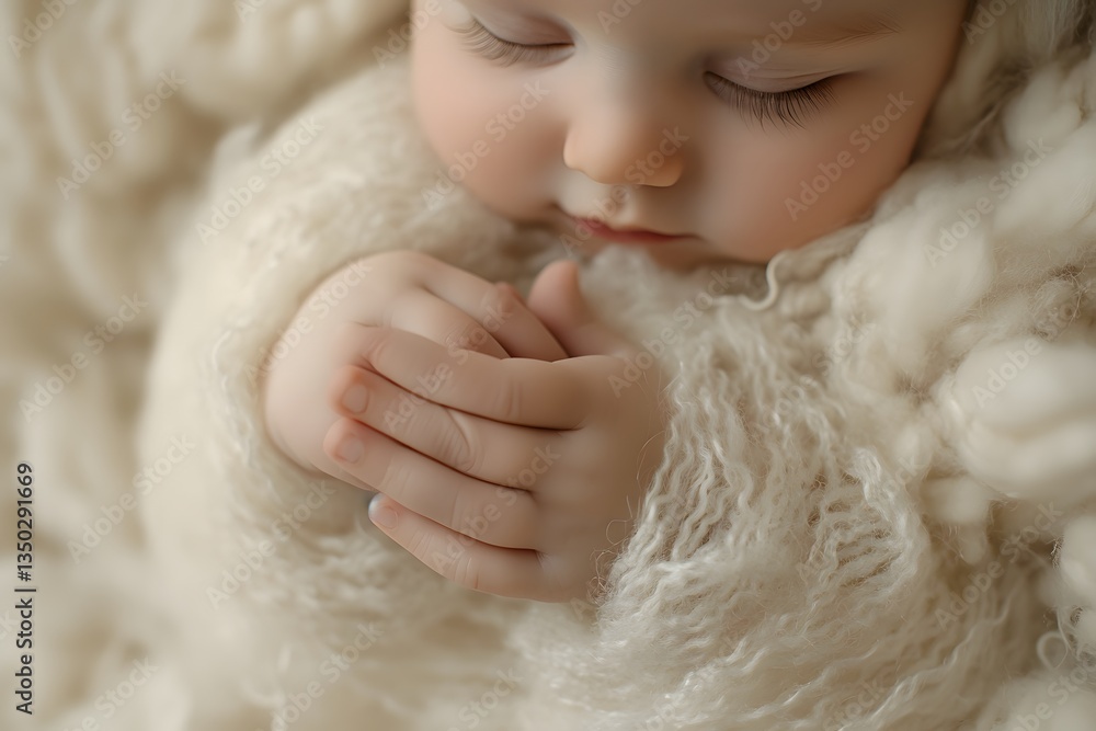 Baby is sleeping in a fluffy white blanket. The baby's hand is resting on its face, and the blanket is covering the baby's entire body. Concept of warmth and comfort Baby is sleeping in a fluffy white blanket. The baby's hand is resting on its face, and the blanket is covering the baby's entire body. Concept of warmth and comfort