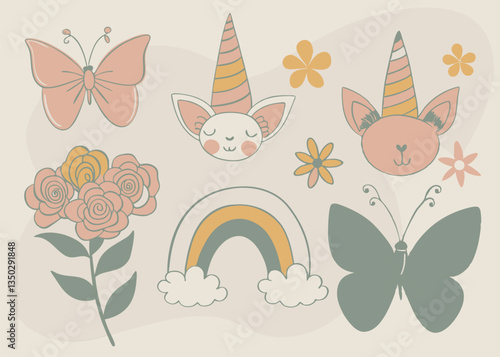 Cute Pastel Rainbow. Butterfly and Unicorn Clipart Illustration