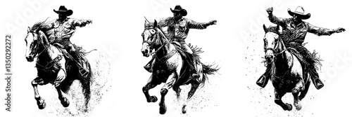Cowboy riding a bucking horse vector black illustration