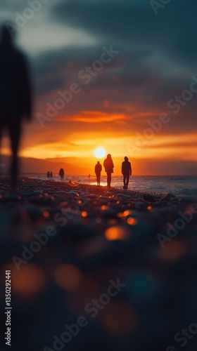 Group of people enjoying the beach atmosphere as the sun sets, great for travel or leisure images