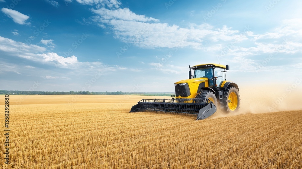 Obraz premium Bright Yellow Tractor Harvesting Golden Wheat Under Clear Blue Sky in Expansive Agricultural Field