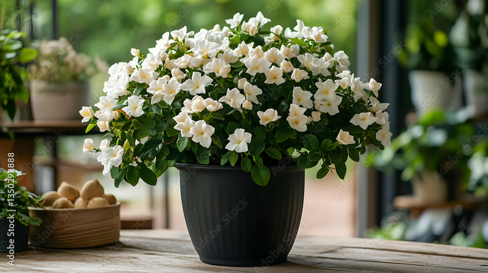 Obraz premium White azalea in pot, garden center, blurred background, plant sale