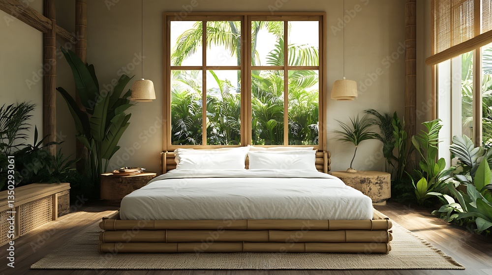 Serene bamboo bedroom with tropical view. Serene bamboo bedroom with tropical view.