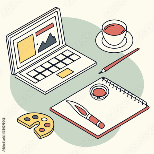 Freelancing icons with laptop, coffee, and creative tools