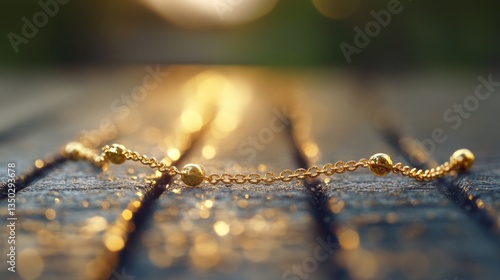 A close-up shot of a chain lying on a wooden table, suitable for use in a variety of contexts such as jewelry design, historical or industrial settings