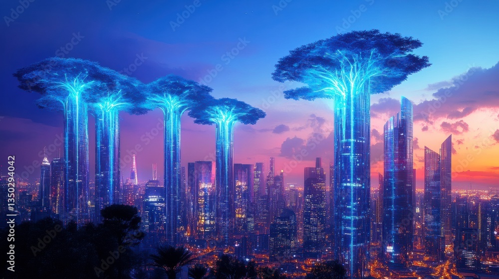 Obraz premium A conceptual image of bioengineered glowing trees illuminating a futuristic city