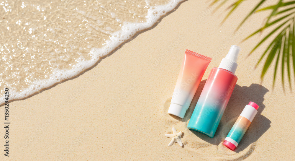 Colorful sunscreen bottles on sandy beach with ocean wave and palm leaf. Summer skincare protection. Tropical vacation essentials. Sun safety concept. Top view with copy space. Colorful sunscreen bottles on sandy beach with ocean wave and palm leaf. Summer skincare protection. Tropical vacation essentials. Sun safety concept. Top view with copy space.