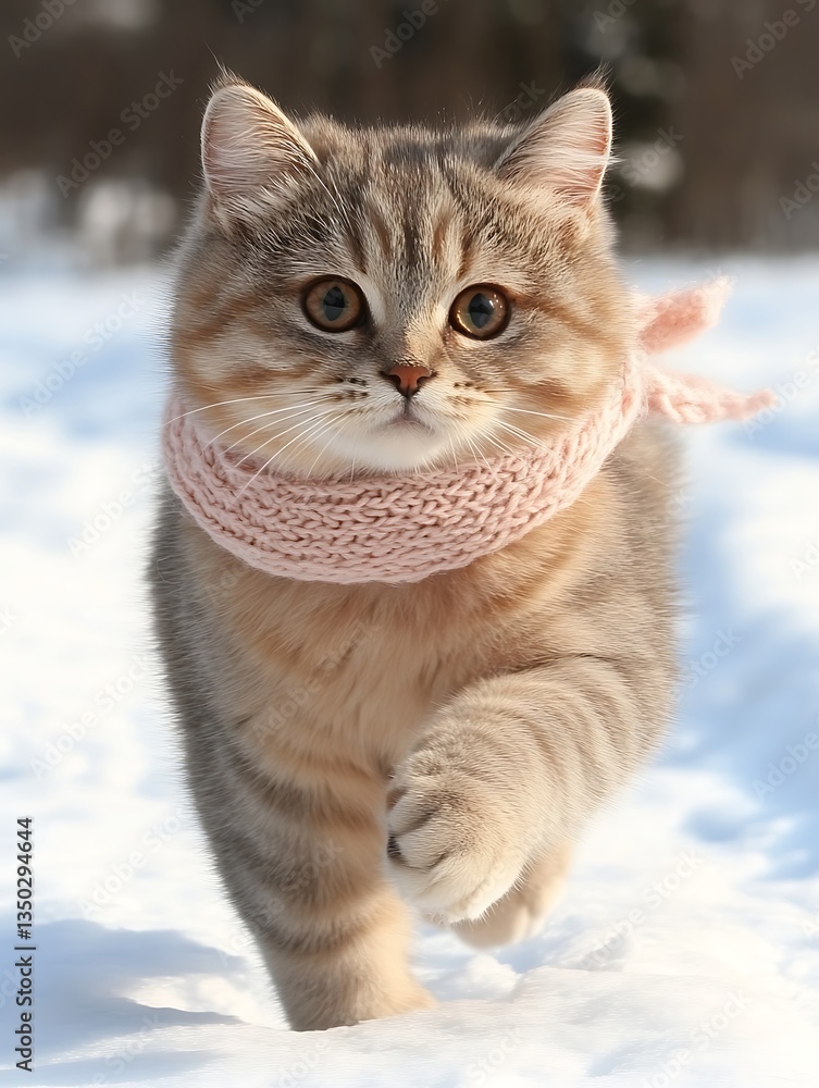 Cute cat walking in winter snow. Cute cat walking in winter snow.