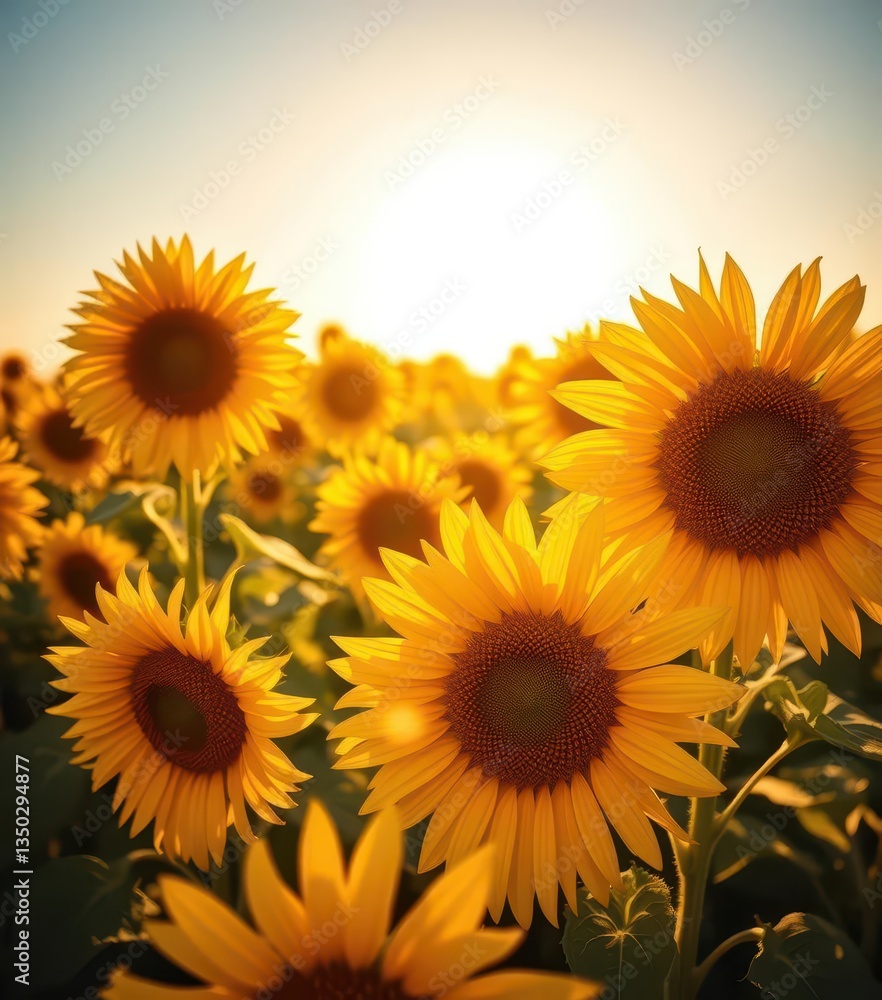 Obraz premium Vibrant sunflower field, blossoms bathed in sunlight, golden petals, pollen dusting, blossom, macro
