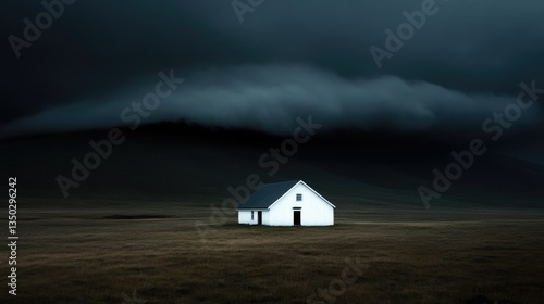 Isolated white house under a dark, stormy sky