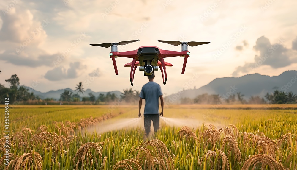 Drone spraying rice paddy field. (1) Drone spraying rice paddy field. (1)
