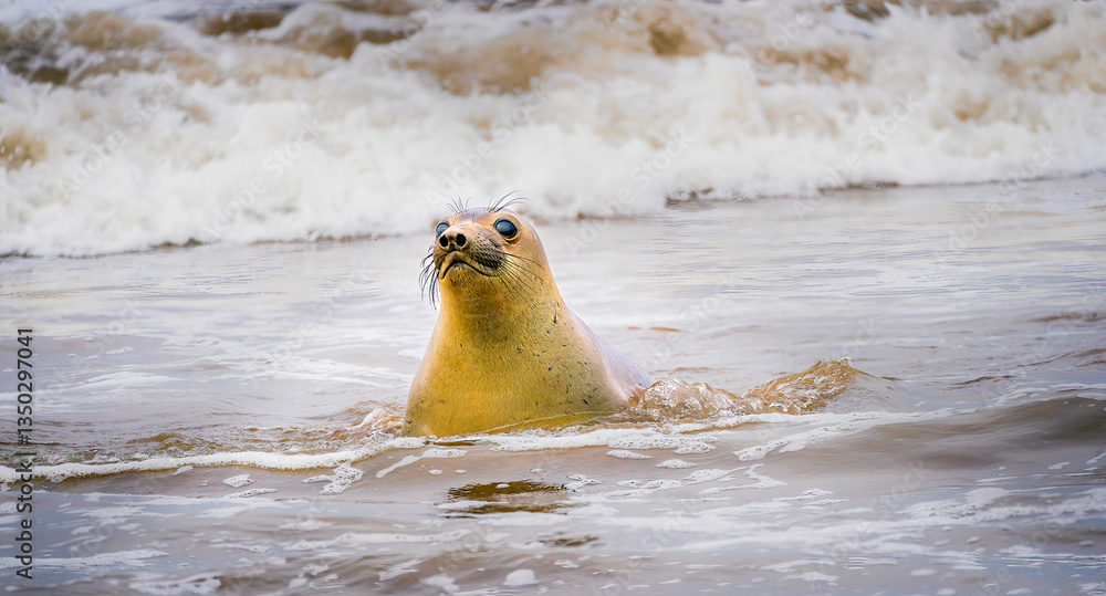 Large Elephant Seal, orange and yellow in color frolics and plays in the ocean, posing for the camera with large eyes and large whiskers
