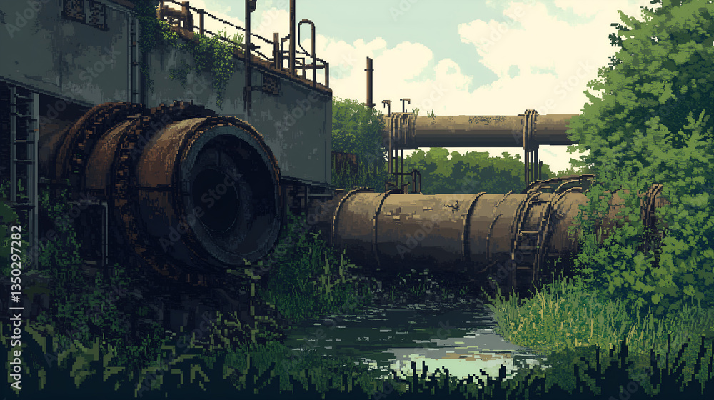 Ruined urban water treatment plant with rusted pipes and overgrown vegetation Ruined urban water treatment plant with rusted pipes and overgrown vegetation