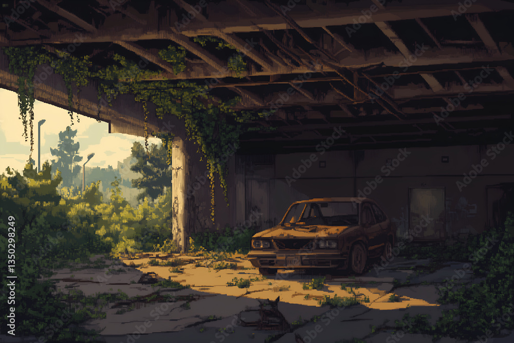 Fototapeta premium Ruined urban parking garage with overgrown plants and abandoned vehicles