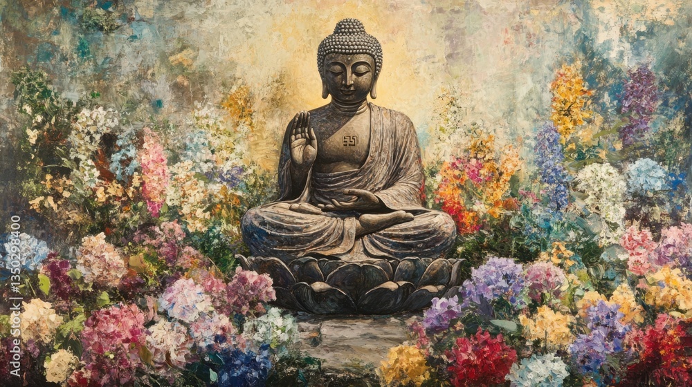 Buddha sits in front of garden with flowers Buddha sits in front of garden with flowers