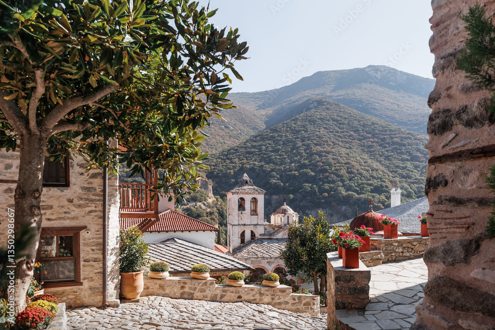 Obraz premium Byzantine monument of Orthodox Monastery of Timios Prodromos in Serres, Macedonia Greece, located on Menikio Mountain, tourist destination