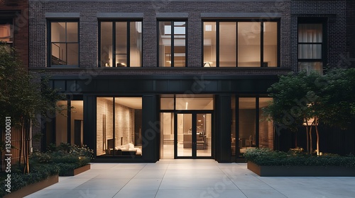 Modern apartment building entrance at night, showcasing sleek architecture, glass windows, and a courtyard.