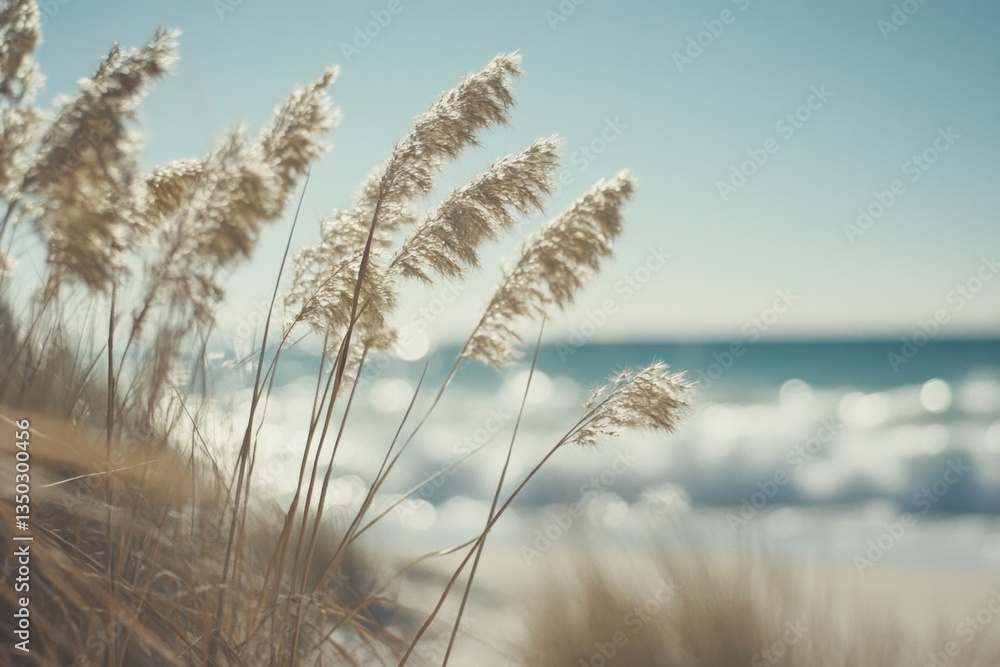 Fototapeta premium Coastal dune grass sways gently in the breeze, ocean in background.