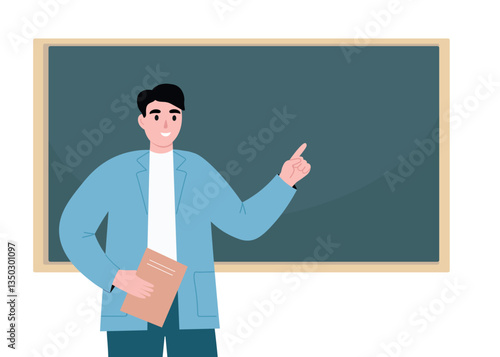 Male teacher at the blackboard explains the lesson. Vector flat graphics.
