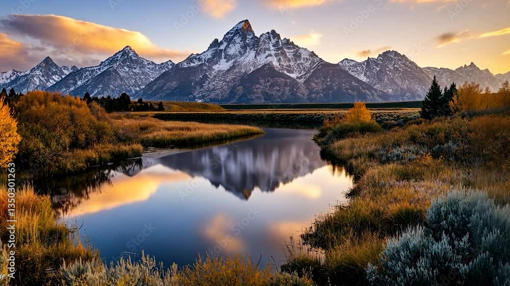 Canadian lake reflects the mountain landscape at sunrise, a mirror of nature under the scenic sky Canadian lake reflects the mountain landscape at sunrise, a mirror of nature under the scenic sky