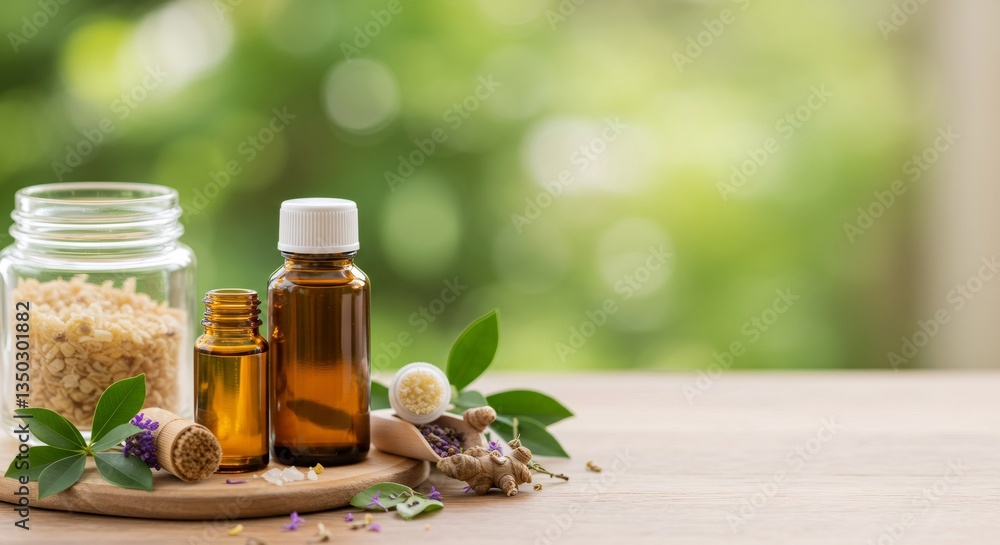Natural skincare ingredients with essential oils, bath salt, and botanical elements on wooden tray. Organic spa cosmetics for beauty routine and aromatherapy. Wellness concept. Natural skincare ingredients with essential oils, bath salt, and botanical elements on wooden tray. Organic spa cosmetics for beauty routine and aromatherapy. Wellness concept.