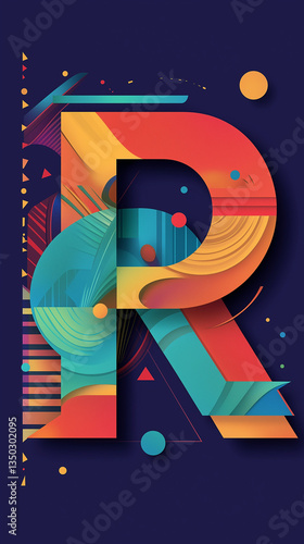 Decorative letter R with geometric shapes and copy space