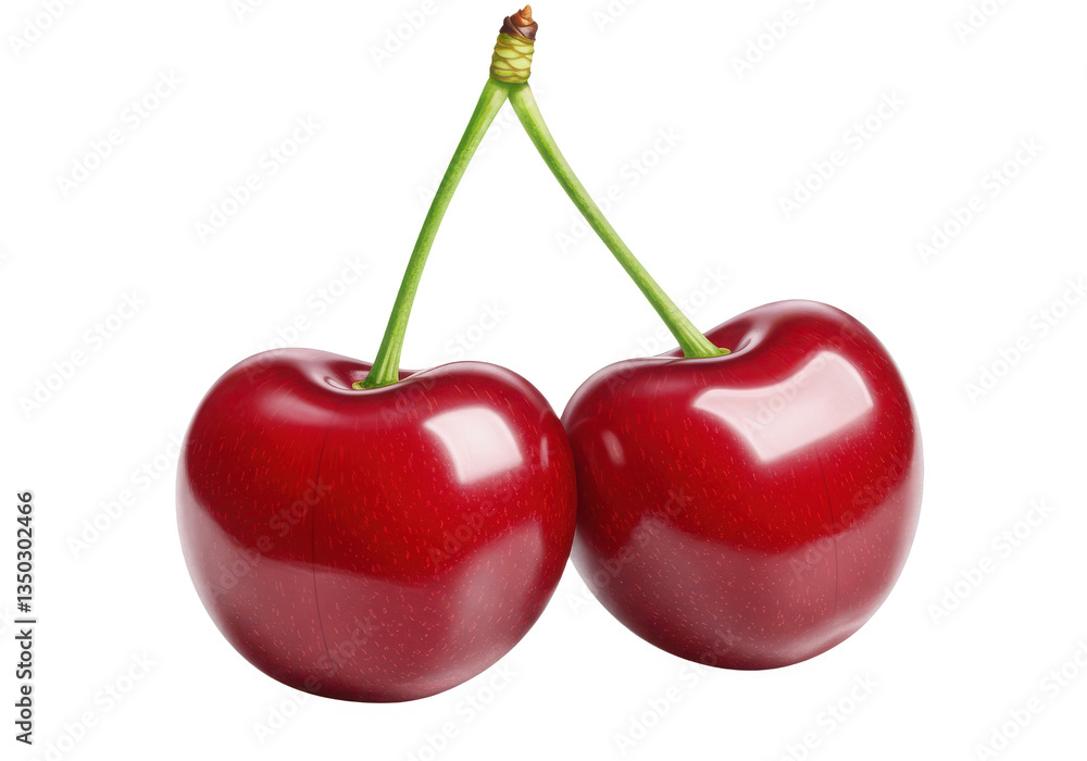Close up of two vibrant red cherries with green stems against a stark black background space filling Close up of two vibrant red cherries with green stems against a stark black background space filling