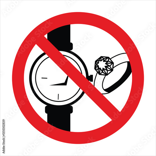 Prohibition symbol over wristwatch and ring, indicating a restriction on wearing jewelry or watches in specific areas