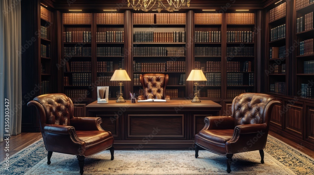 Luxurious library study room with leather chairs and desk. Possible use Interior design concept Luxurious library study room with leather chairs and desk. Possible use Interior design concept