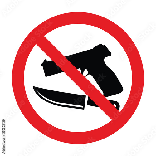 Red prohibition sign against carrying dangerous weapons like guns and knives, promoting safety and security