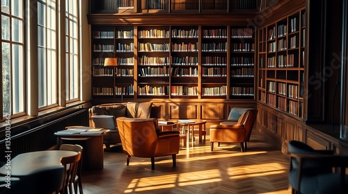 Wallpaper Mural Sunlit library interior with leather armchairs, wooden bookshelves, and tables. Torontodigital.ca