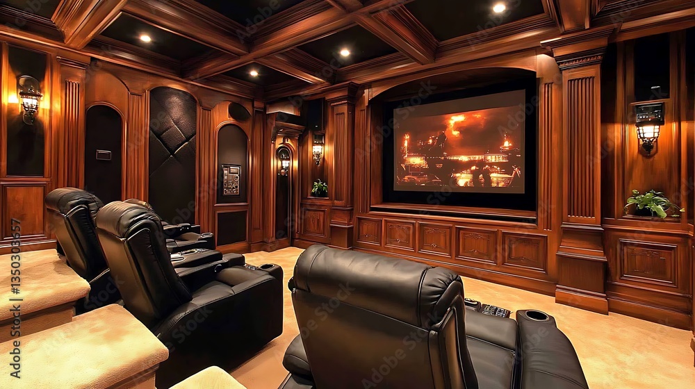 Fototapeta premium Luxurious home theater with dark wood paneling, leather recliners, and large projection screen showing a movie scene.