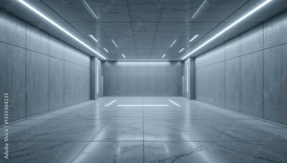 Fototapeta premium The basement room on the bottom floor of the building's parking lot is empty in an industrial cast concrete style. Abstract modern minimal background