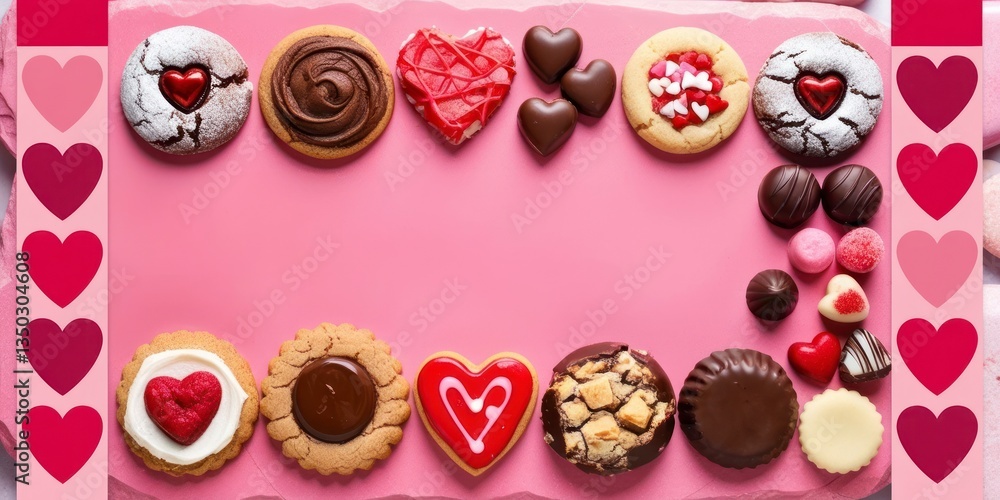 Valentines Day baking and desserts corner border with a variety of cookies, chocolates and sweet treats Valentines Day baking and desserts corner border with a variety of cookies, chocolates and sweet treats